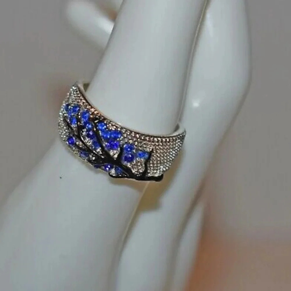 Sterling Silver Ring Branches Blue Crystal Leaves Silver Pattern Size 6